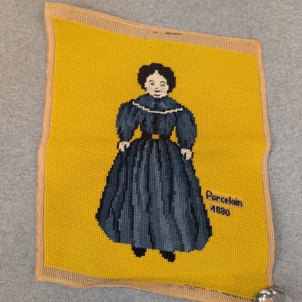 Vintage Hand Stitched Needlepoint Porcelain Doll 1880 Victorian Textile Art - Picture 1 of 4